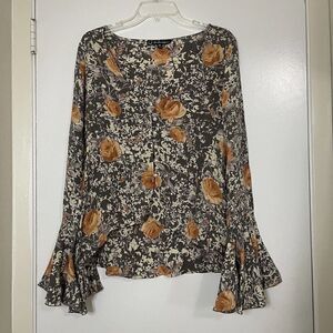 For Love & Lemons brown floral vneck Bell sleeve Blouse top size Medium